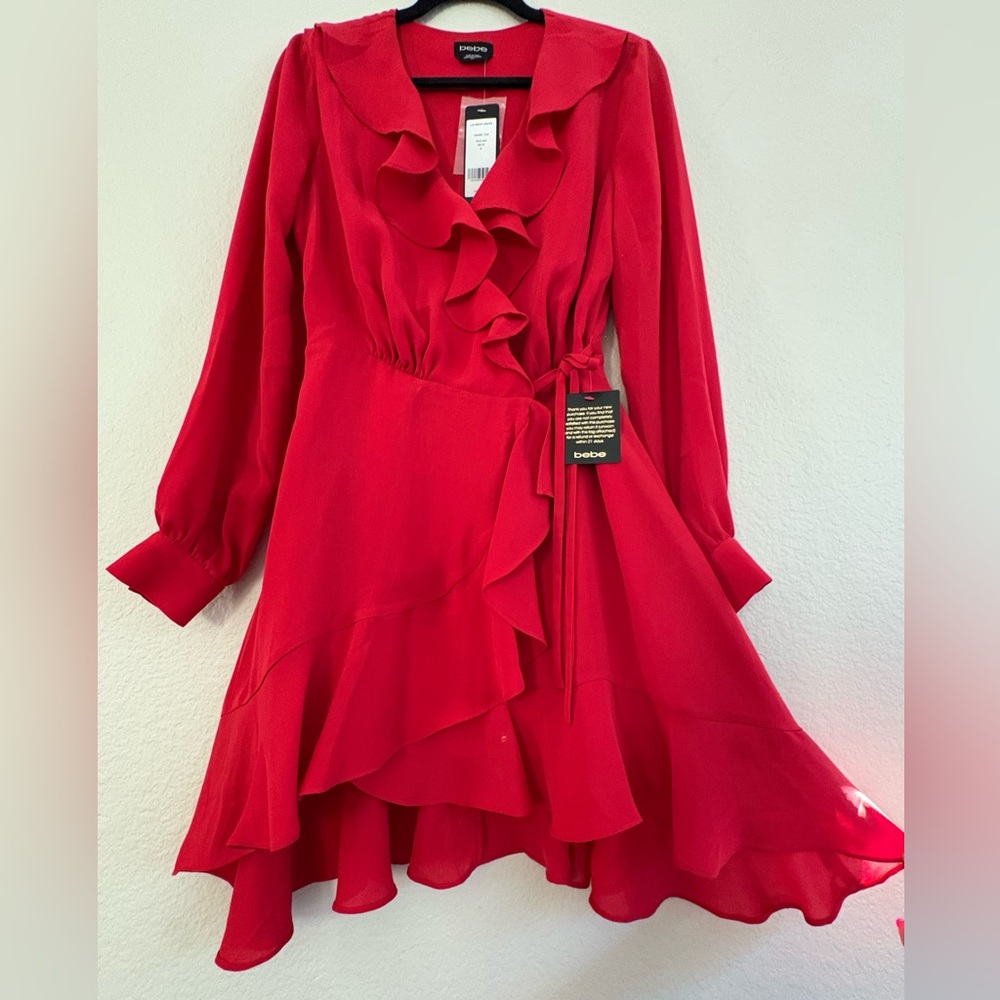 Bebe Wrap Dress Ruffle Party Dressy Holiday Long Sleeve with Ruffles Size Small - Picture 6 of 7